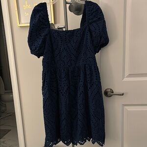 Navy Blue Puff Sleeve Eyelet Dress!